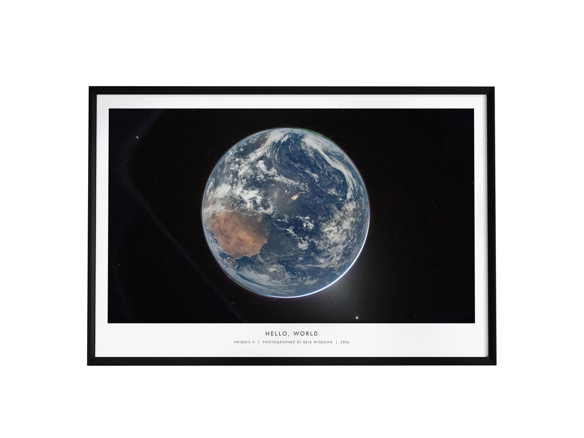 Hello, World Landscape Poster | NASA Artemis II Space Photography Wall Art — framed wall art, 24x36 in