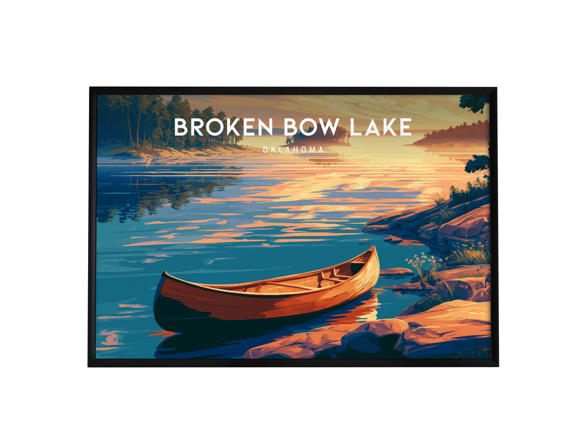Broken Bow Lake, Oklahoma Landscape Poster | Lakeside Cabin & Pines Vacation Wall Art — framed wall art, 24x36 in