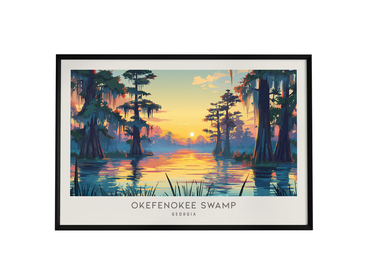 Okefenokee Swamp Landscape Matte Border Poster | Georgia Destination Print Travel Wall Art — framed wall art, 24x36 in