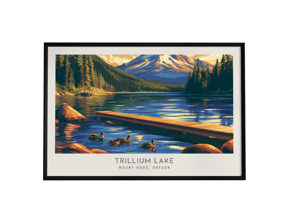 Trillium Lake Landscape Matte Border Poster | Mount Hood, Oregon Travel Gift Print — framed wall art, 24x36 in