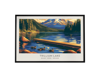Trillium Lake Landscape Matte Border Poster | Mount Hood, Oregon Travel Gift Print — framed wall art, 24x36 in
