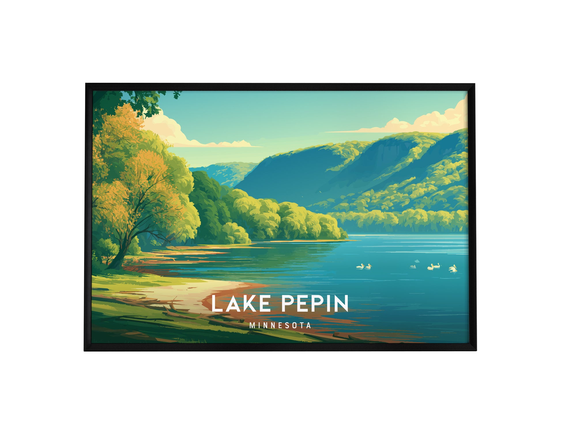 Lake Pepin, Minnesota Landscape Poster | Scenic Bluffs & Sailboats Vacation Wall Art — framed wall art, 24x36 in