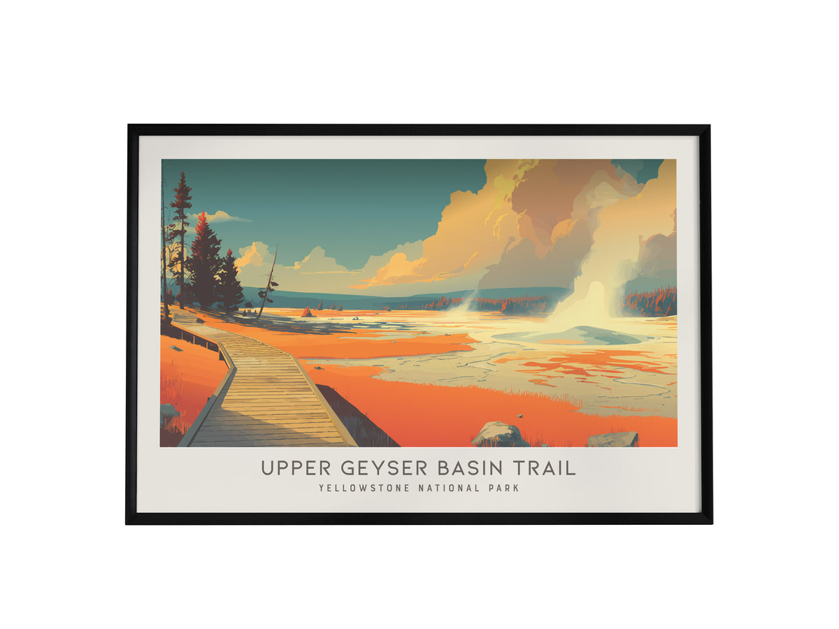 Upper Geyser Basin Trail Landscape Matte Border Poster | Yellowstone National Park Framed or Unframed Travel Gift — framed wa