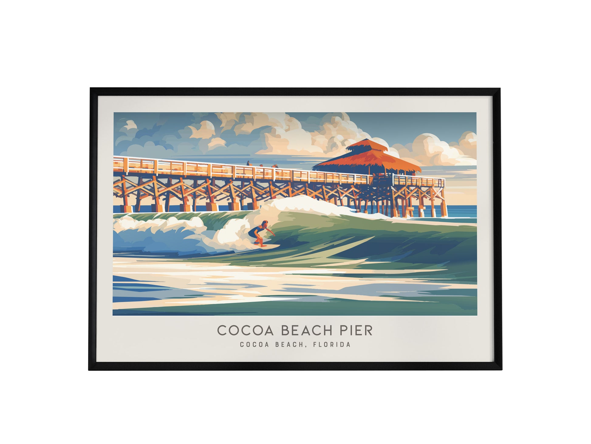 Cocoa Beach Pier Landscape Matte Border Poster | Travel Wall Art — framed wall art, 24x36 in