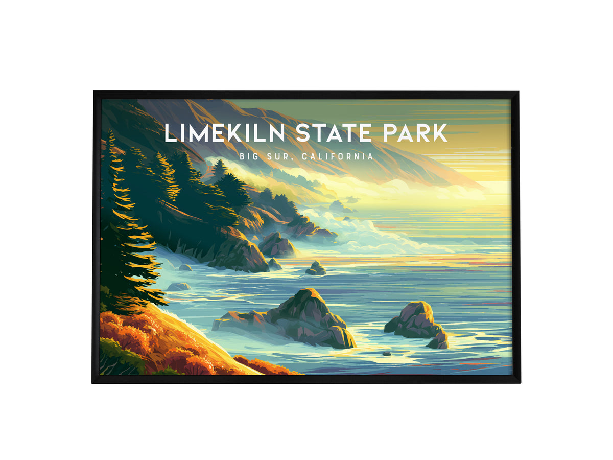 Limekiln State Park Landscape Poster | Big Sur, California Vacation Wall Art — framed wall art, 24x36 in