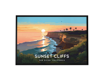 Sunset Cliffs, San Diego, California Landscape Poster | Coastal Beach Decor Wall Art — framed wall art, 24x36 in