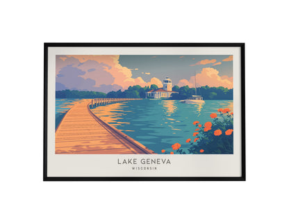 Lake Geneva Landscape Matte Border Poster | Wisconsin Vacation Wall Art — framed wall art, 24x36 in