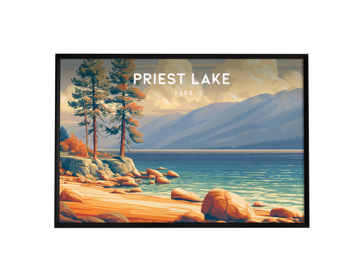 Priest Lake, Idaho Landscape Poster | Wilderness Lake Vacation Wall Art — framed wall art, 24x36 in
