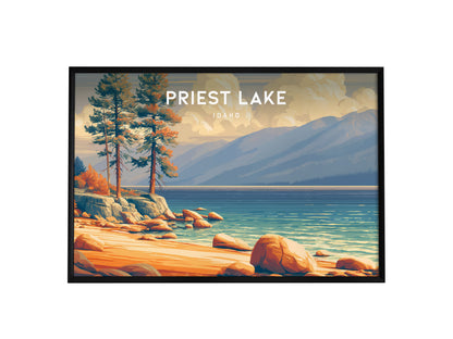 Priest Lake, Idaho Landscape Poster | Wilderness Lake Vacation Wall Art — framed wall art, 24x36 in