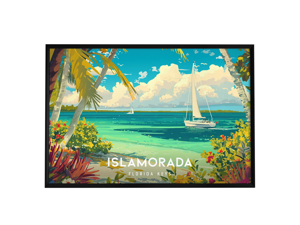 Islamorada, Florida Keys Poster | Landscape Coastal Decor Tiki & Palms Wall Art — framed wall art, 24x36 in