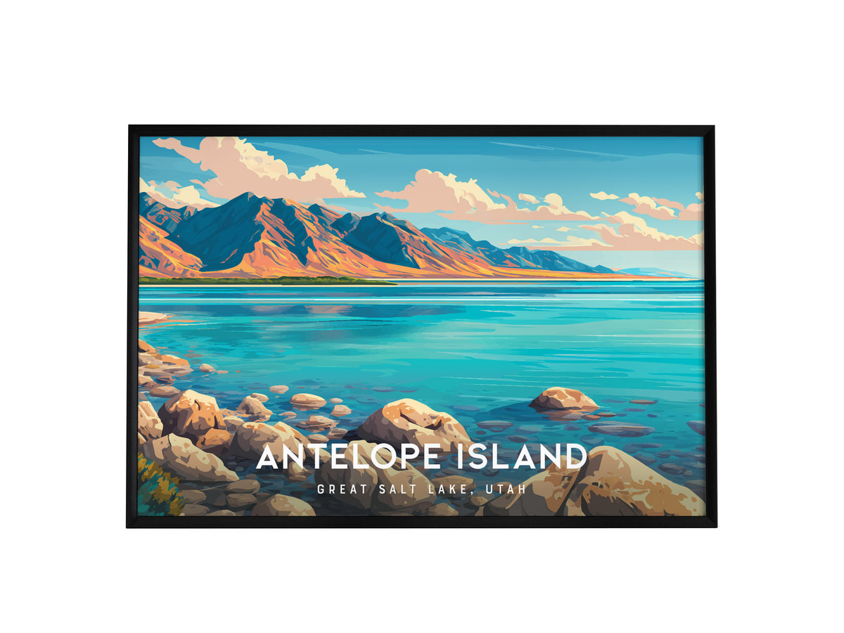 Antelope Island Landscape Poster | Great Salt Lake, Utah Vacation Wall Art — framed wall art, 24x36 in
