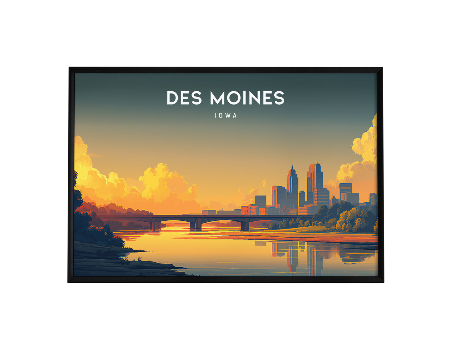 Des Moines, Iowa Landscape Poster | Heartland Skyline Travel Wall Art — framed wall art, 24x36 in