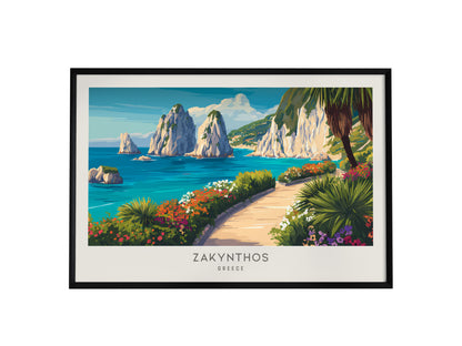 Zakynthos Zakyntos Landscape Matte Border Poster | Greece Coastal Beach Decor Vacation Wall Art — framed wall art, 24x36 in