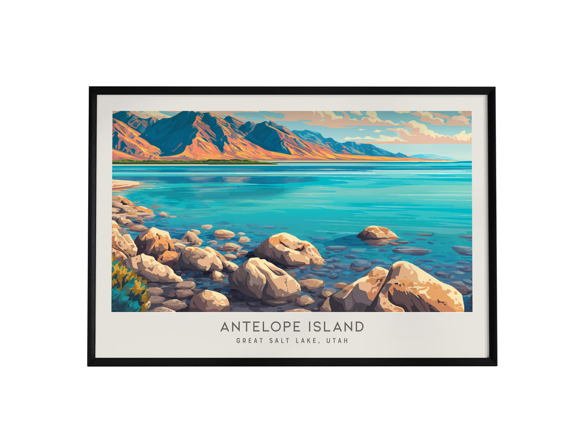 Antelope Island Landscape Matte Border Poster | Great Salt Lake, Utah Destination Print — framed wall art, 24x36 in