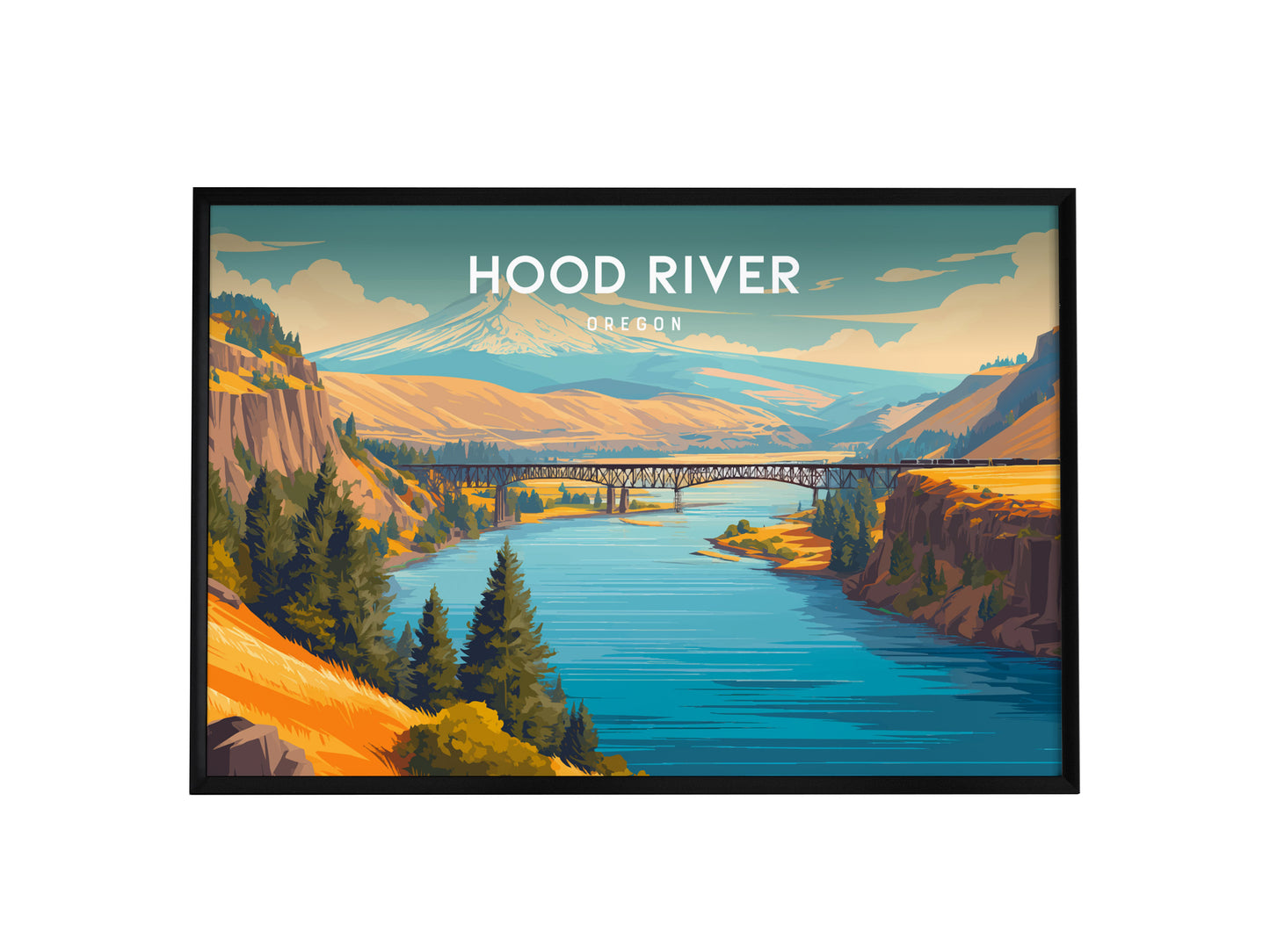 Hood River, Oregon Landscape Poster | Columbia River Gorge Destination Print Wall Art — framed wall art, 24x36 in
