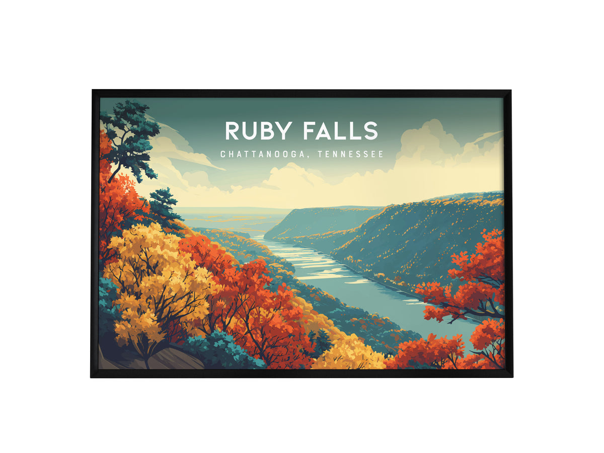 Ruby Falls Landscape Poster | Chattanooga, Tennessee Cavern Vacation Wall Art — framed wall art, 24x36 in