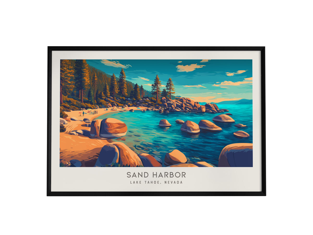 Sand Harbor Landscape Matte Border Poster | Lake Tahoe, Nevada Vacation Wall Art — framed wall art, 24x36 in