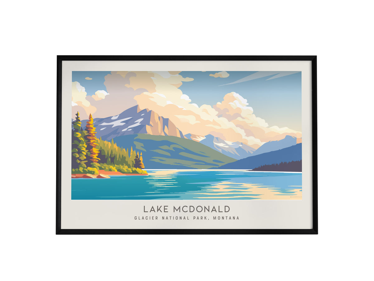 Lake McDonald Landscape Matte Border Poster | Glacier National Park, Montana Travel Wall Art — framed wall art, 24x36 in