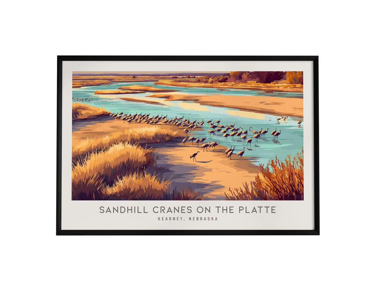 Sandhill Cranes on the Platte Landscape Matte Border Poster | Kearney, Nebraska Framed or Unframed Travel Gift — framed wall