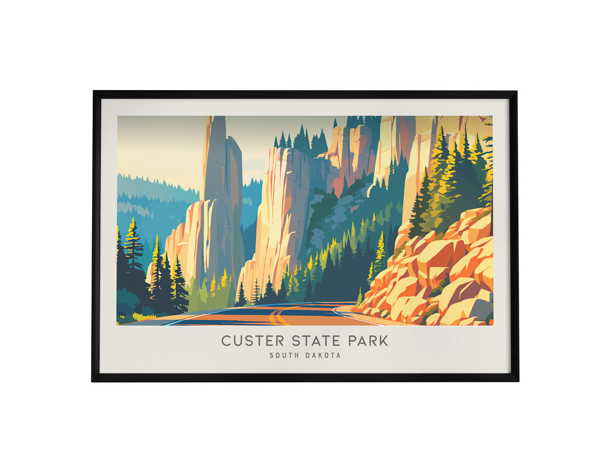Custer State Park Landscape Matte Border Poster | South Dakota Needles Highway Destination Print — framed wall art, 24x36 in