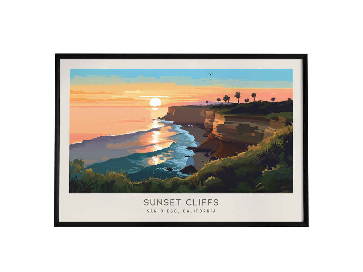 Sunset Cliffs Landscape Matte Border Poster | San Diego, California Travel Wall Art — framed wall art, 24x36 in
