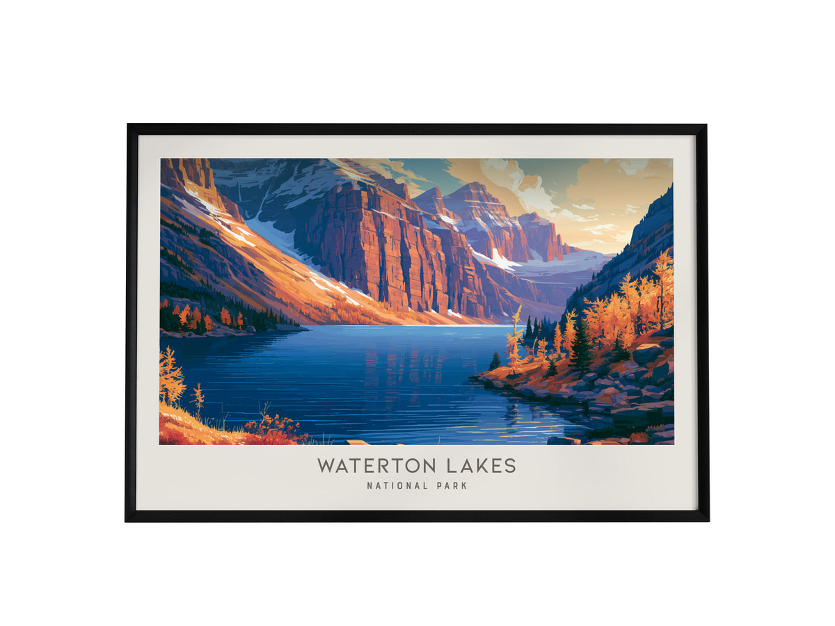 Waterton Lakes Landscape Matte Border Poster | National Park Framed or Unframed Travel Gift — framed wall art, 24x36 in