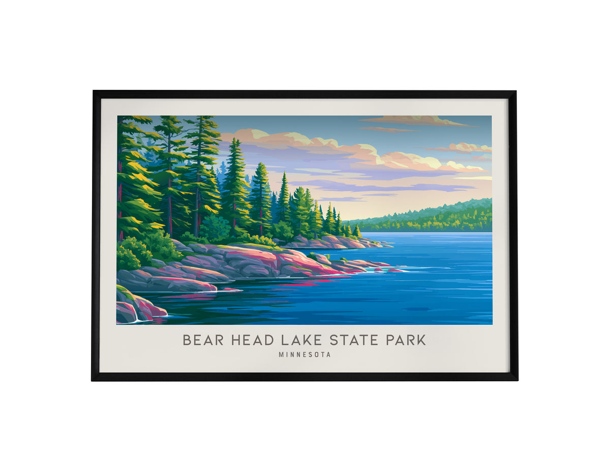 Bear Head Lake State Park Landscape Matte Border Poster | Minnesota Vacation Wall Art — framed wall art, 24x36 in