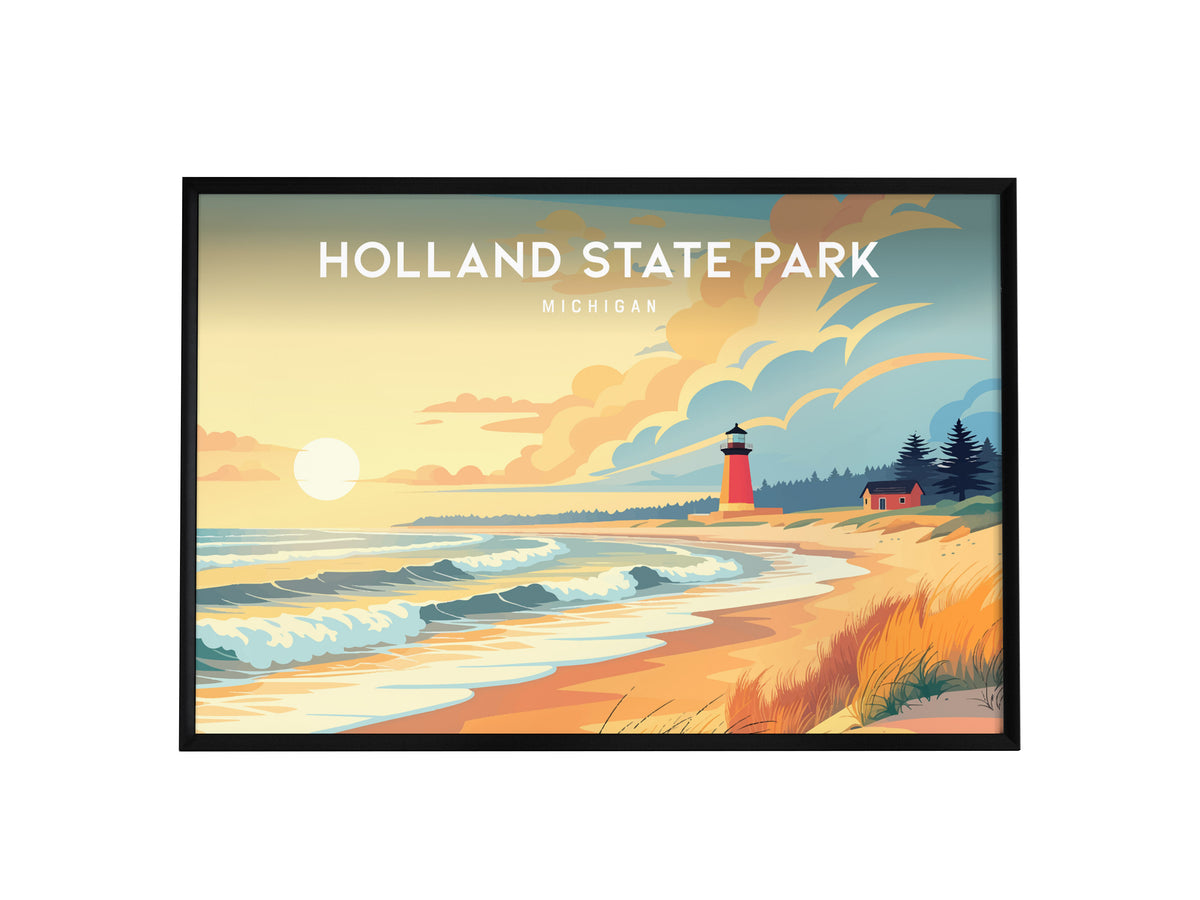 Holland State Park Landscape, Michigan Poster | Big Red Lighthouse Destination Print Wall Art — framed wall art, 24x36 in