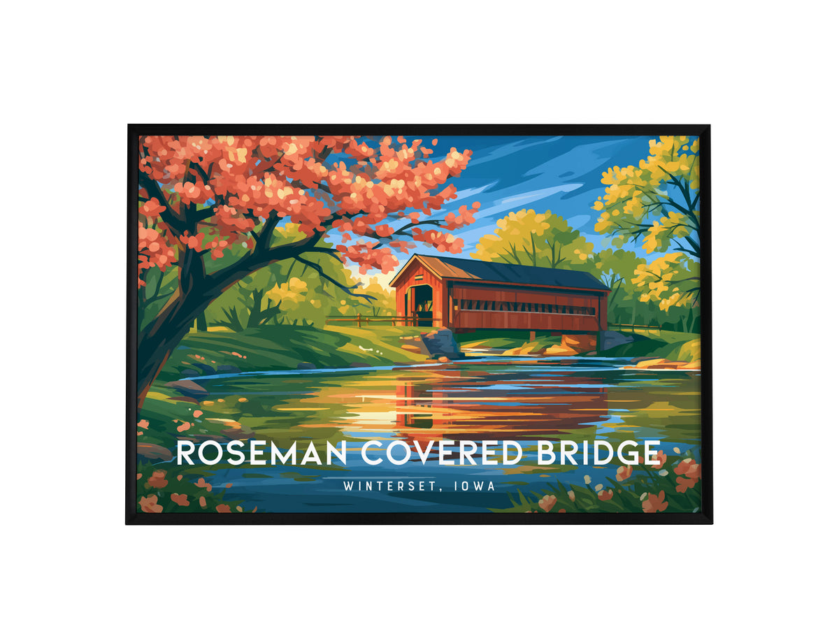 Roseman Covered Bridge Landscape Poster | Winterset, Iowa Travel Gift Wall Art — framed wall art, 24x36 in