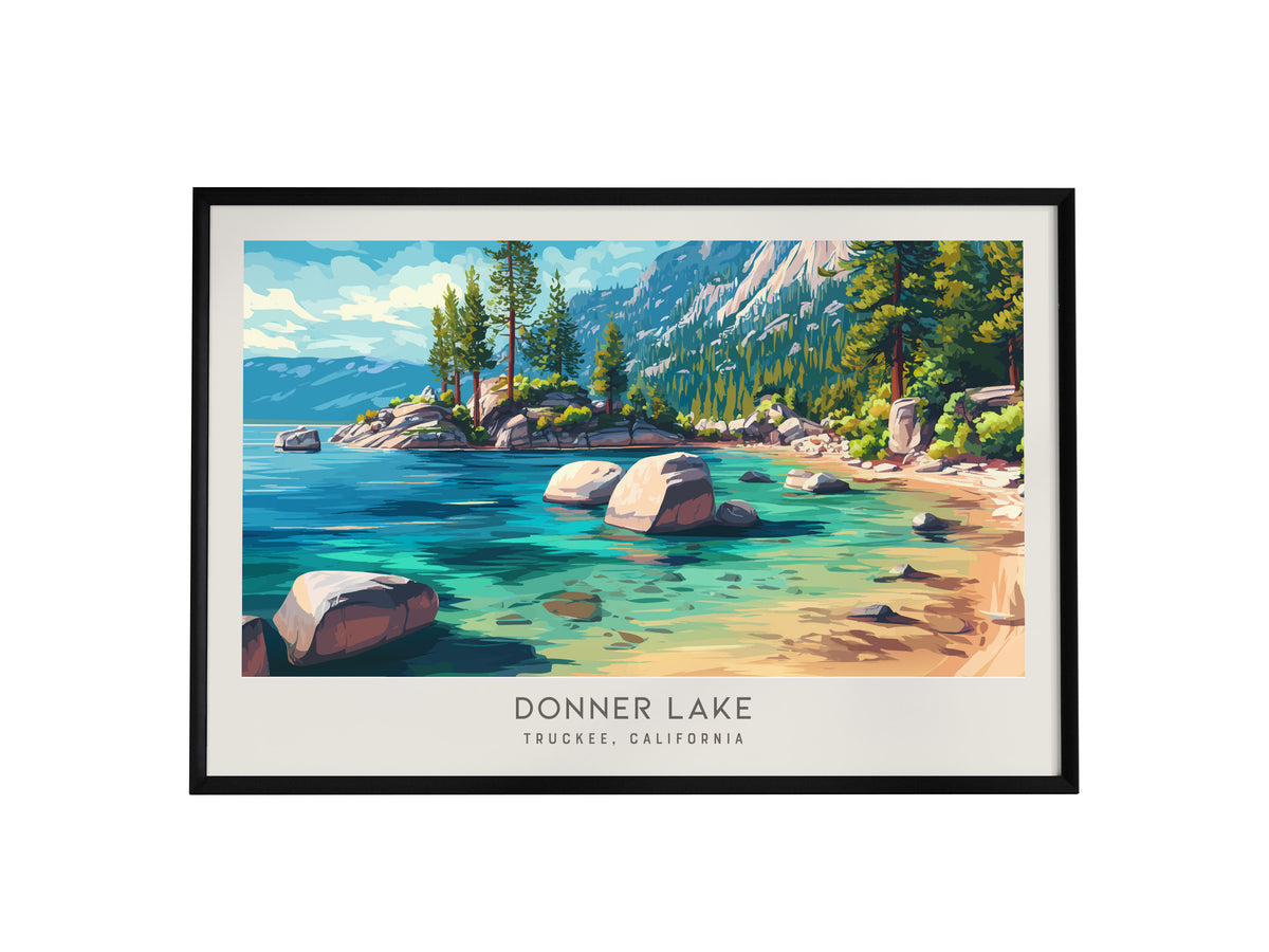 Donner Lake Landscape Matte Border Poster | Truckee, California Framed or Unframed Travel Gift — framed wall art, 24x36 in