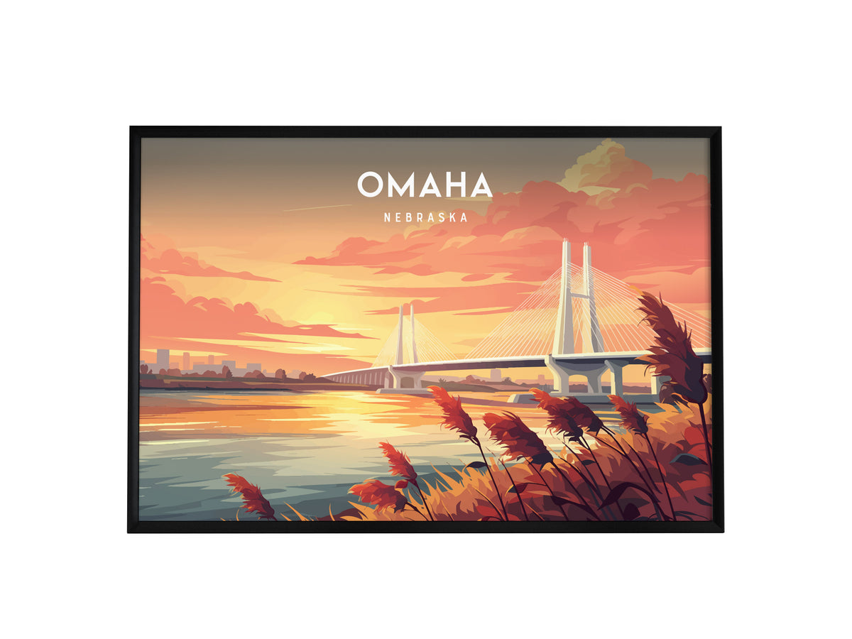 Omaha, Nebraska Landscape Poster | Midwest Cityscape Travel Gift Wall Art — framed wall art, 24x36 in