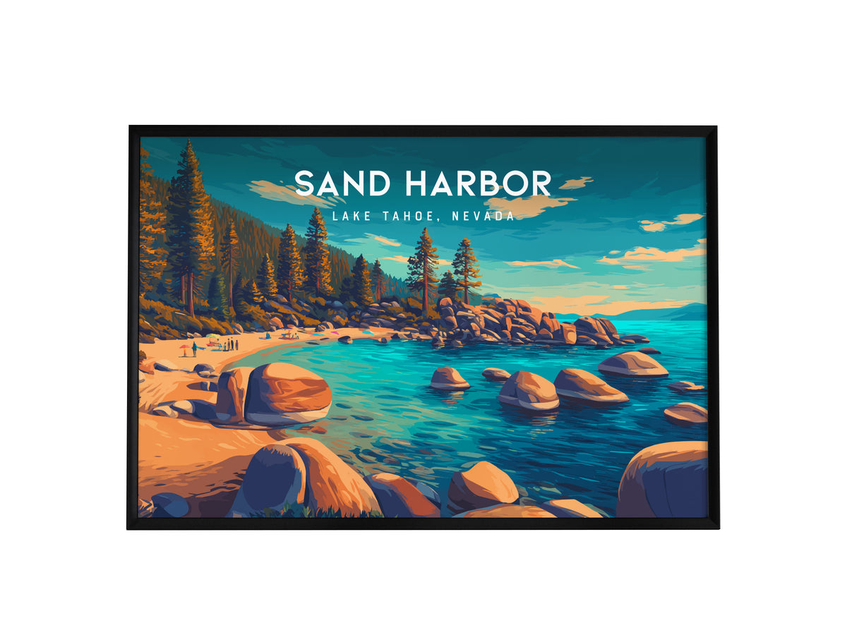 Sand Harbor Landscape Poster | Lake Tahoe, Nevada Travel Gift Destination Print — framed wall art, 24x36 in