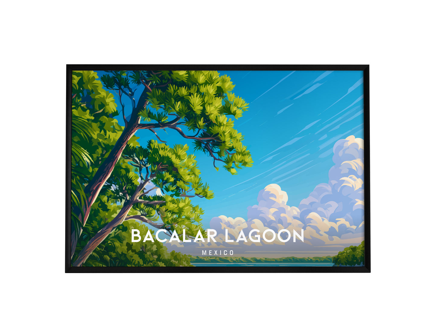 Bacalar Lagoon Landscape Poster | Mexico Vacation Wall Art Destination Print — framed wall art, 24x36 in