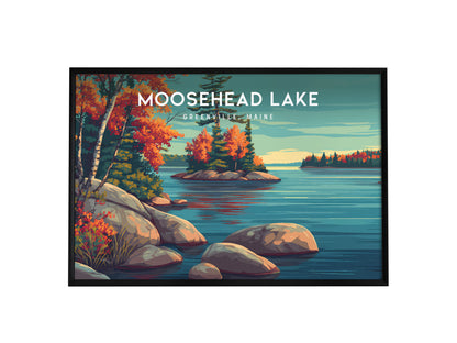 Moosehead Lake Landscape Poster | Greenville, Maine Travel Gift Lakeside Wall Art — framed wall art, 24x36 in