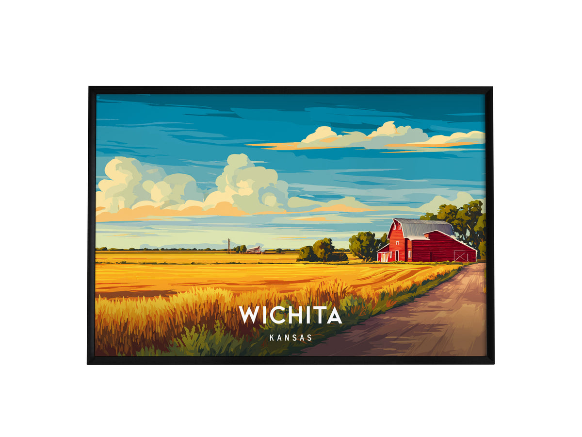Wichita, Kansas Landscape Poster | Prairie City Vacation Wall Art — framed wall art, 24x36 in