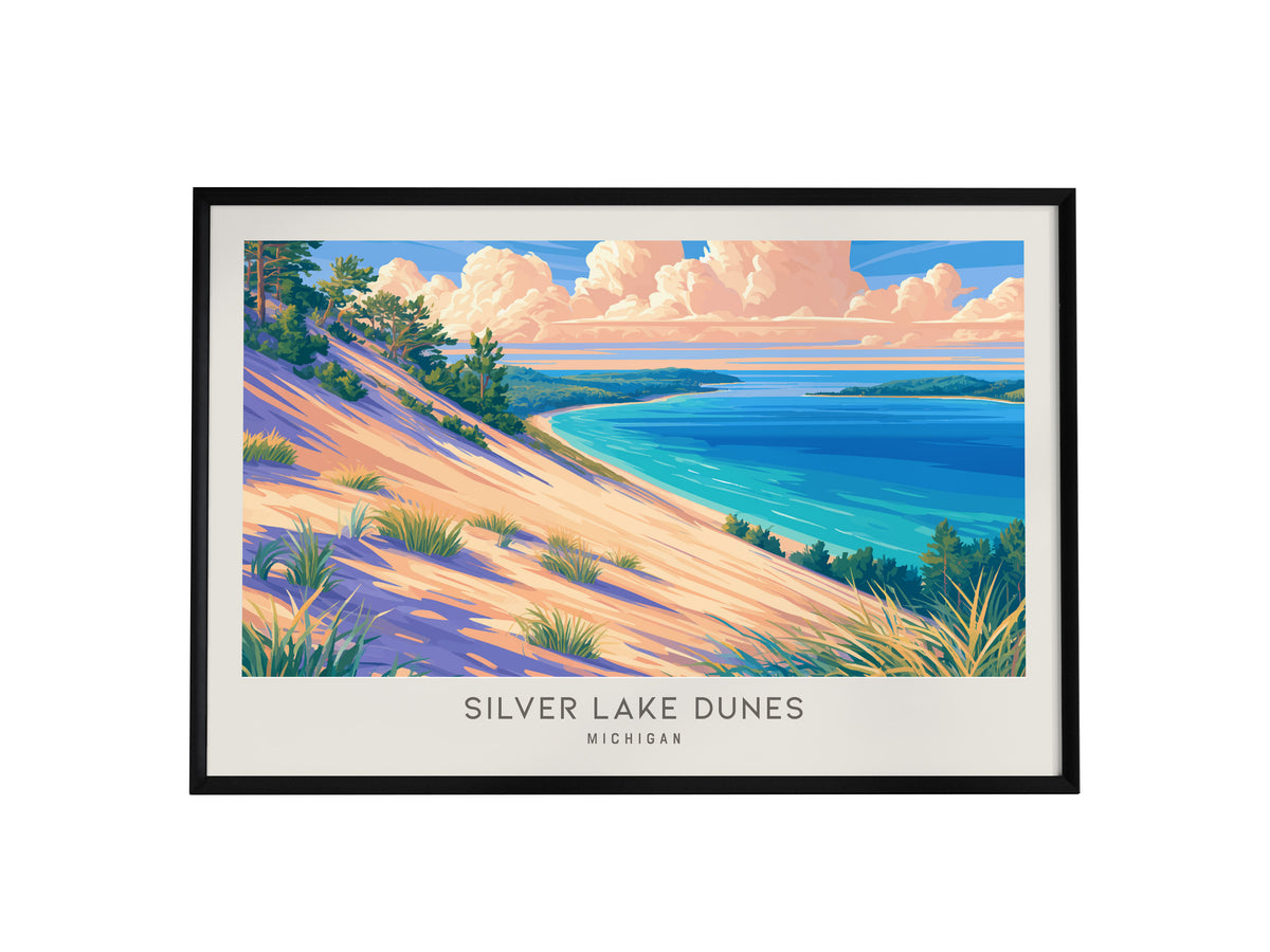 Silver Lake Dunes Landscape Matte Border Poster | Michigan Vacation Wall Art — framed wall art, 24x36 in