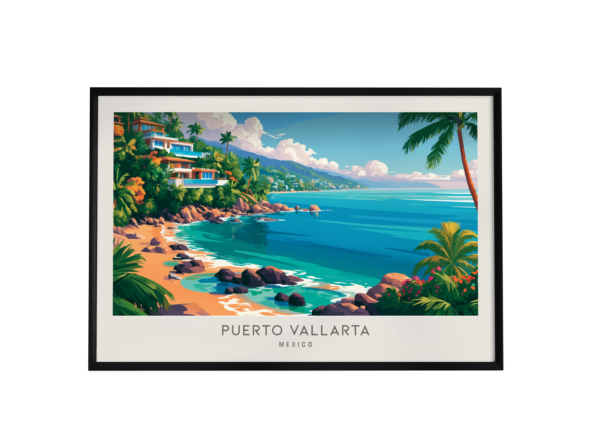 Puerto Vallarta Landscape Matte Border Poster | Mexico Coastal Beach Decor Framed or Unframed — framed wall art, 24x36 in