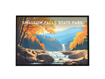 Swallow Falls State Park, Maryland Landscape Poster | Woodland Waterfall Vacation Wall Art — framed wall art, 24x36 in