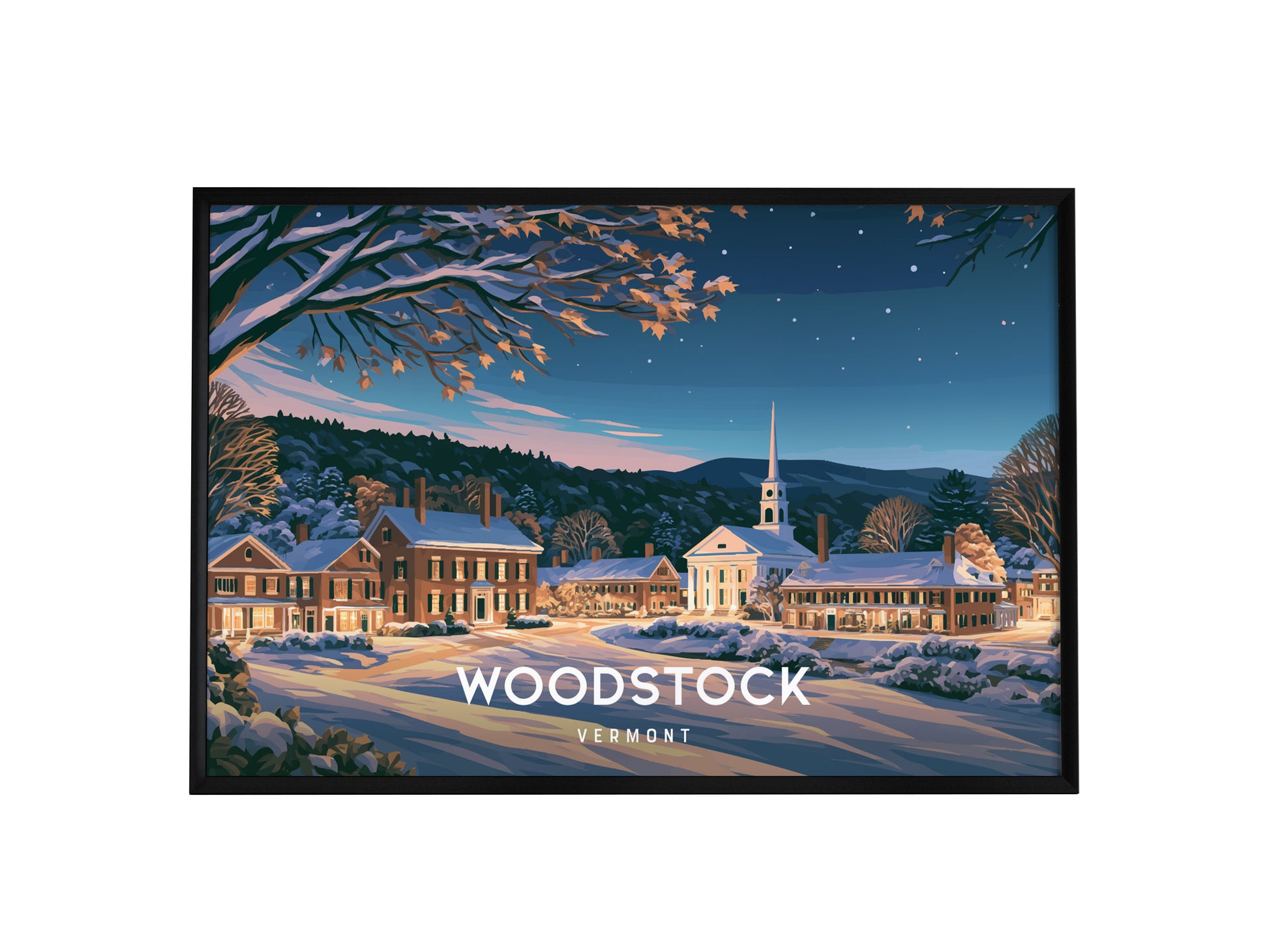Woodstock, Vermont Landscape Poster | Charming Covered Bridge Travel Wall Art — framed wall art, 24x36 in