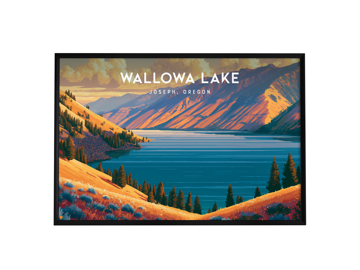 Wallowa Lake Landscape Poster | Joseph, Oregon Vacation Wall Art — framed wall art, 24x36 in