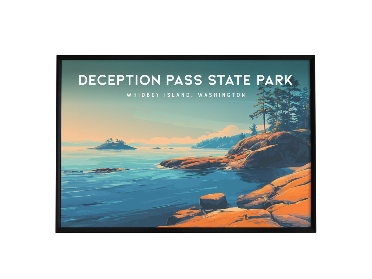 Deception Pass State Park Landscape Poster | Whidbey Island, Washington Pacific Northwest Beach House Decor — framed wall art