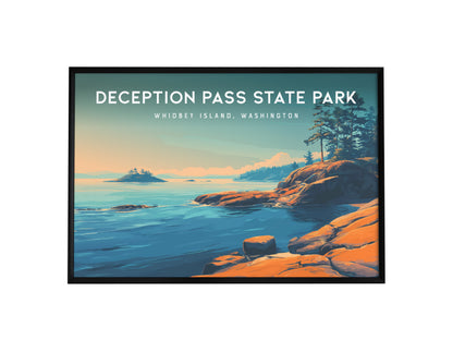 Deception Pass State Park Landscape Poster | Whidbey Island, Washington Pacific Northwest Beach House Decor — framed wall art