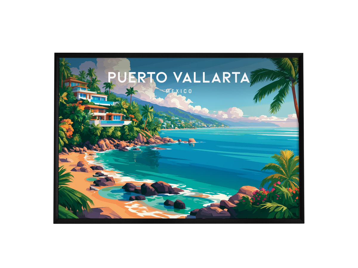 Puerto Vallarta, Mexico Landscape Poster | Beach House Decor Vacation Wall Art — framed wall art, 24x36 in
