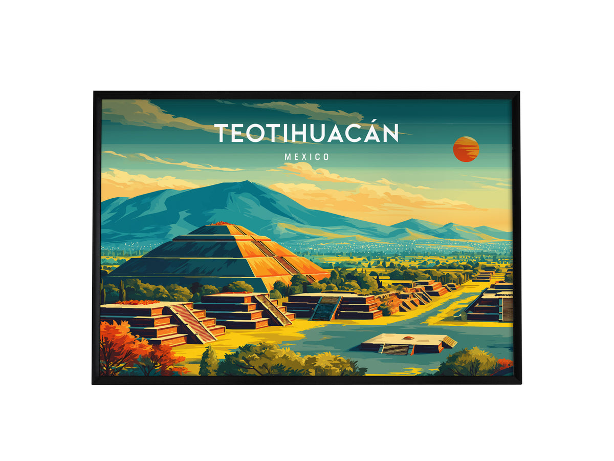 Teotihuacán, Mexico Landscape Poster | Sun & Moon Pyramids Vacation Wall Art — framed wall art, 24x36 in