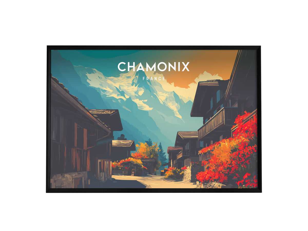 Chamonix, France Landscape Poster | Snow-Capped Alps Vacation Wall Art — framed wall art, 24x36 in