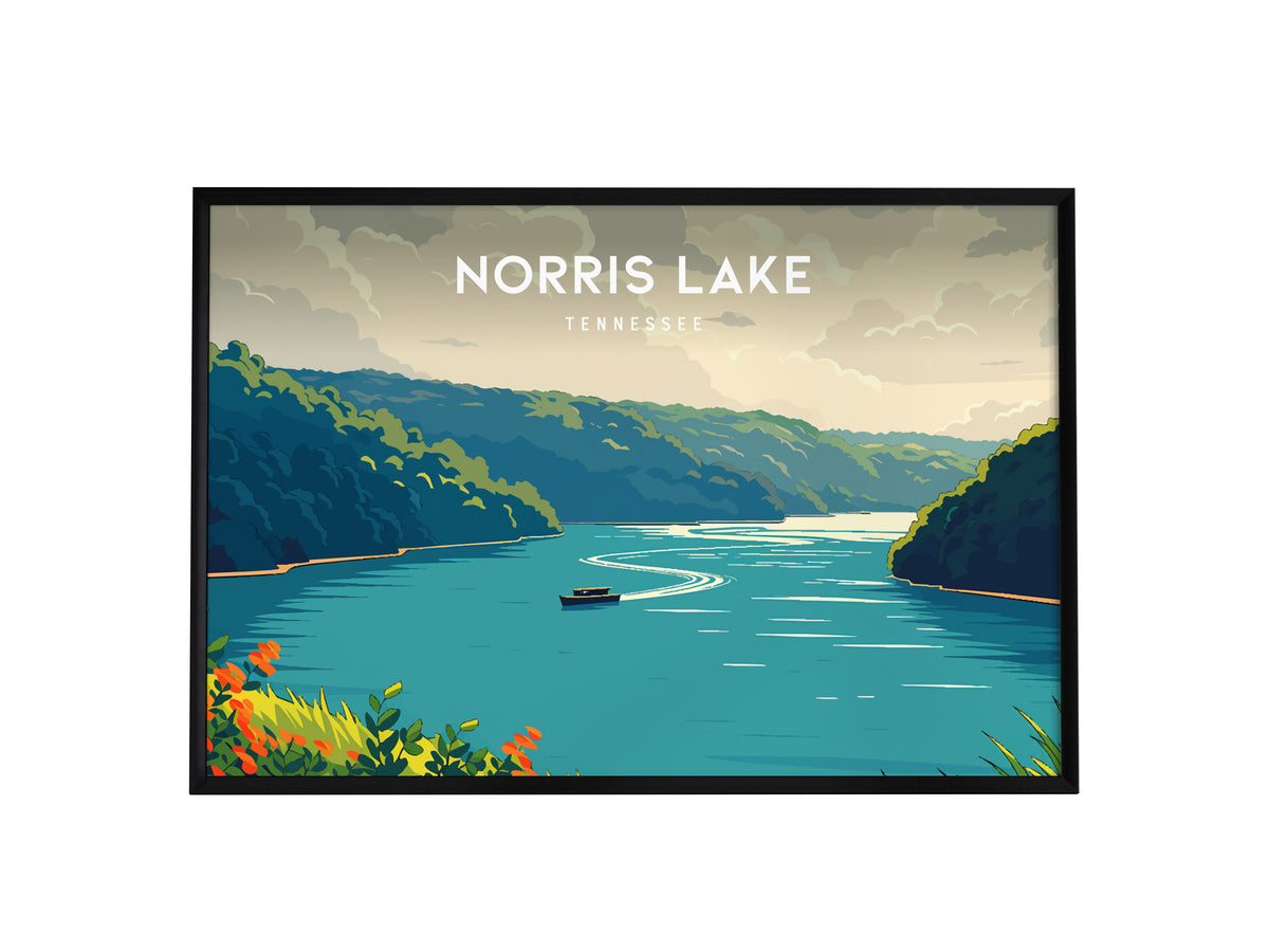 Norris Lake, Tennessee Landscape Poster | Lakeside Getaway Framed or Unframed Wall Art — framed wall art, 24x36 in