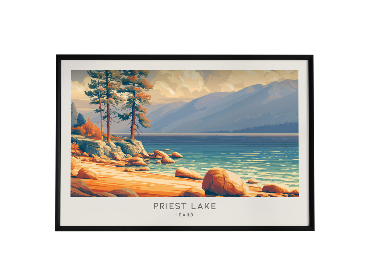 Priest Lake Landscape Matte Border Poster | Idaho Travel Gift Beach House Decor — framed wall art, 24x36 in