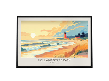 Holland State Park Landscape Matte Border Poster | Michigan Beach House Decor Vacation Wall Art — framed wall art, 24x36 in
