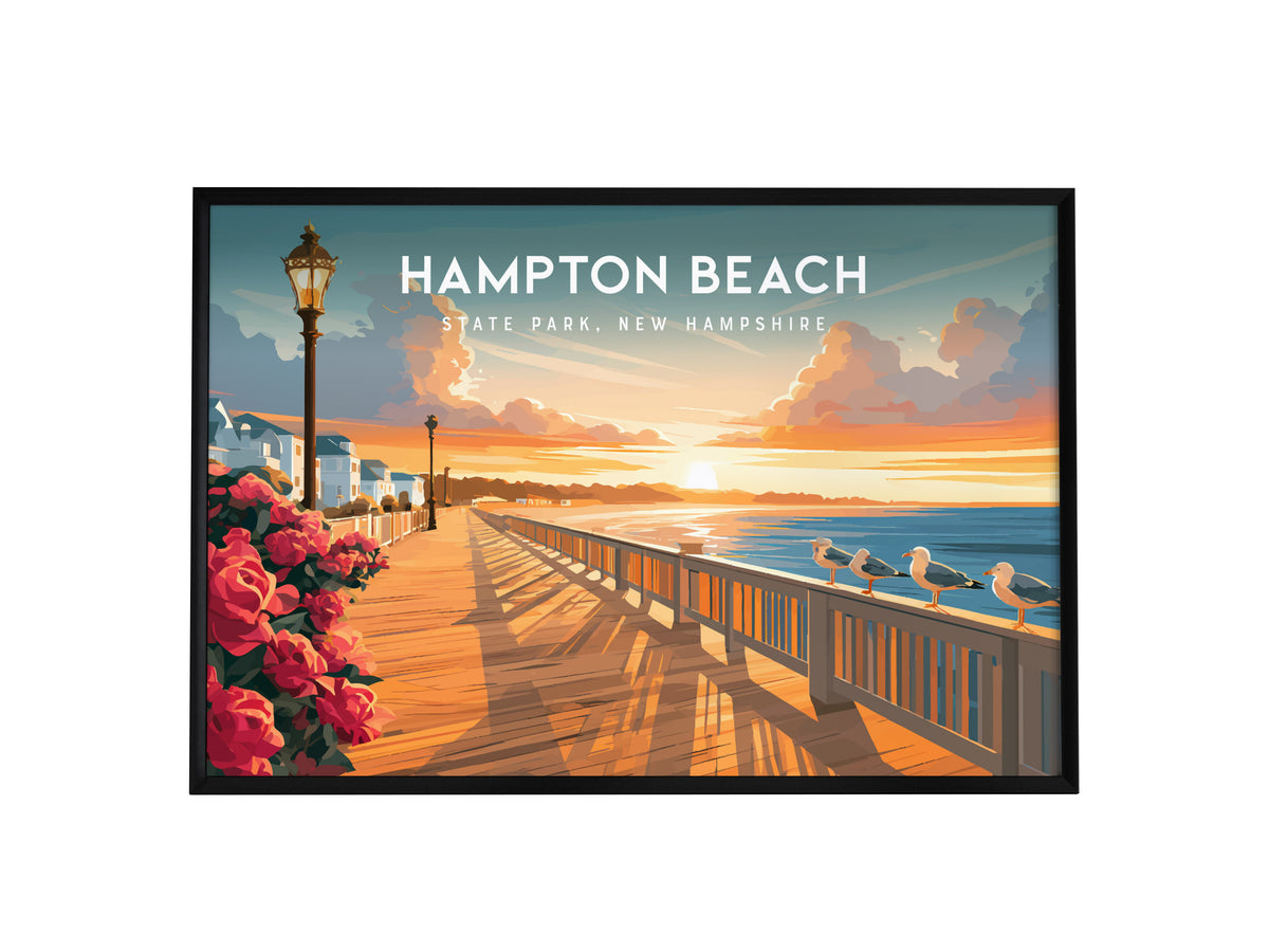 Hampton Beach Landscape Poster | State Park, New Hampshire Beach House Decor Wall Art — framed wall art, 24x36 in