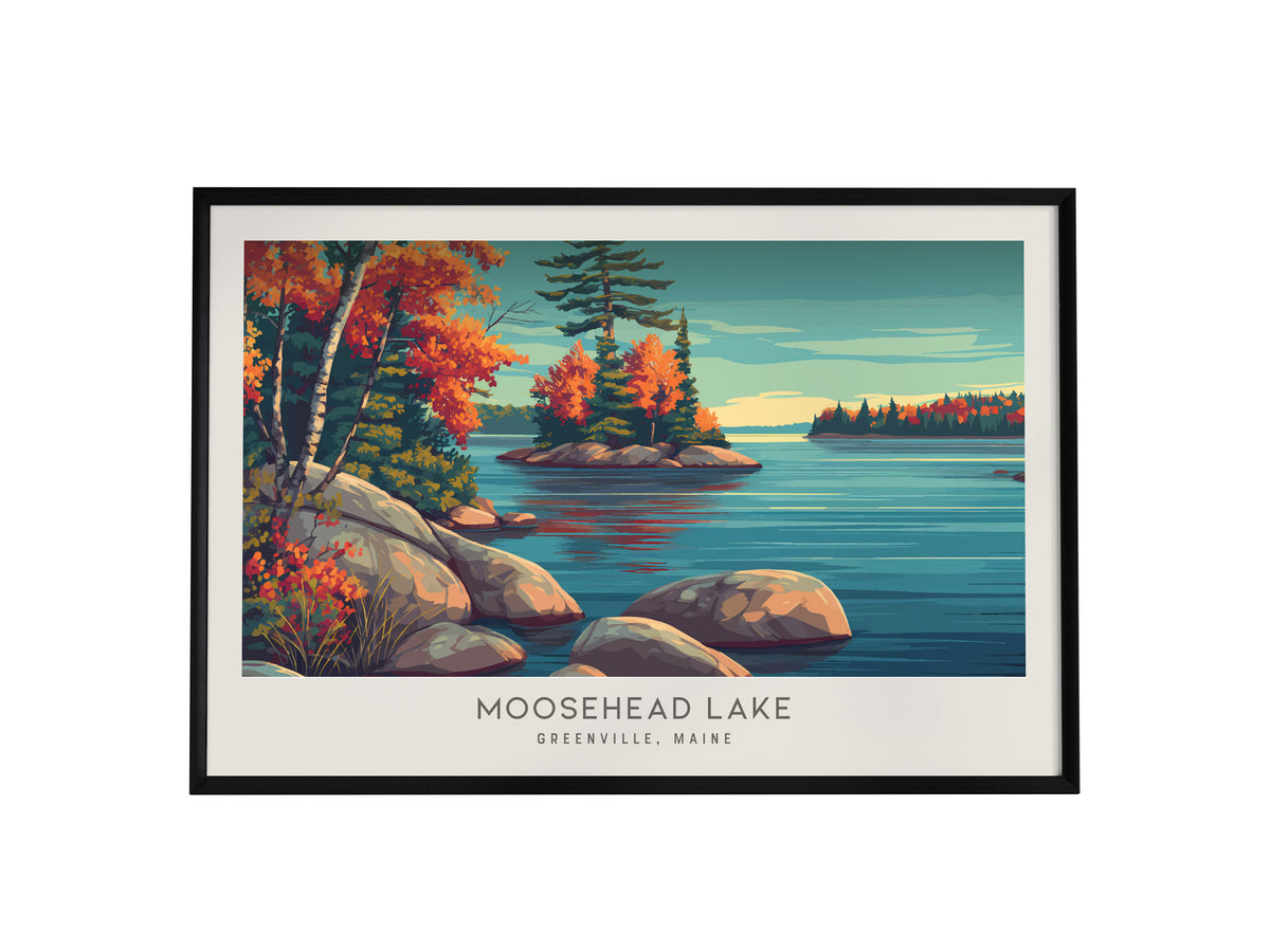 Moosehead Lake Landscape Matte Border Poster | Greenville, Maine Vacation Wall Art — framed wall art, 24x36 in
